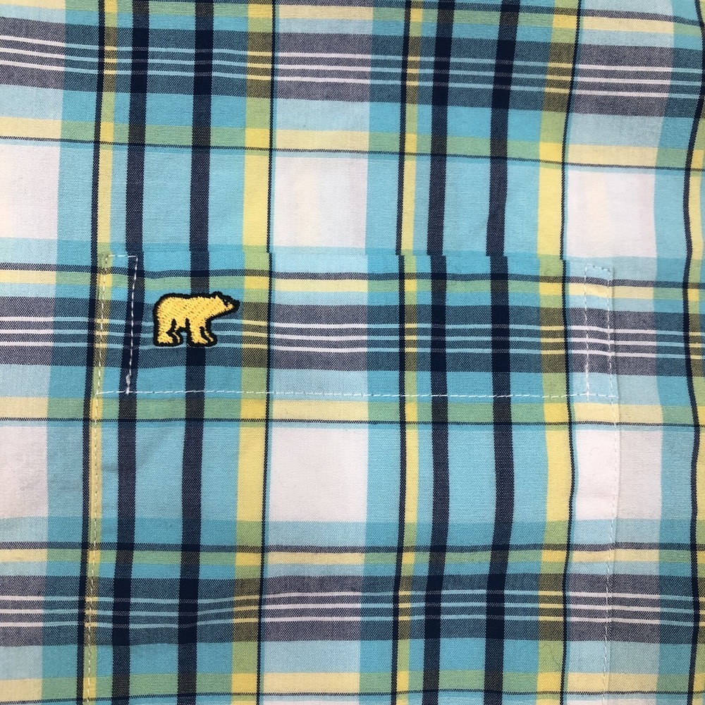 Jack Nicholas Button Shirt Mens M Teal Plaid Gold Bear Logo